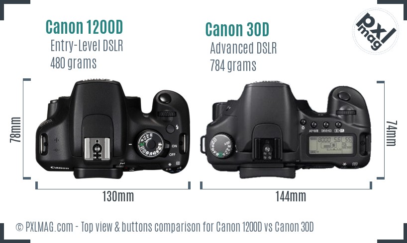 Canon 1200D vs Canon 30D top view buttons comparison