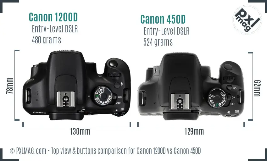 Canon 1200D vs Canon 450D top view buttons comparison