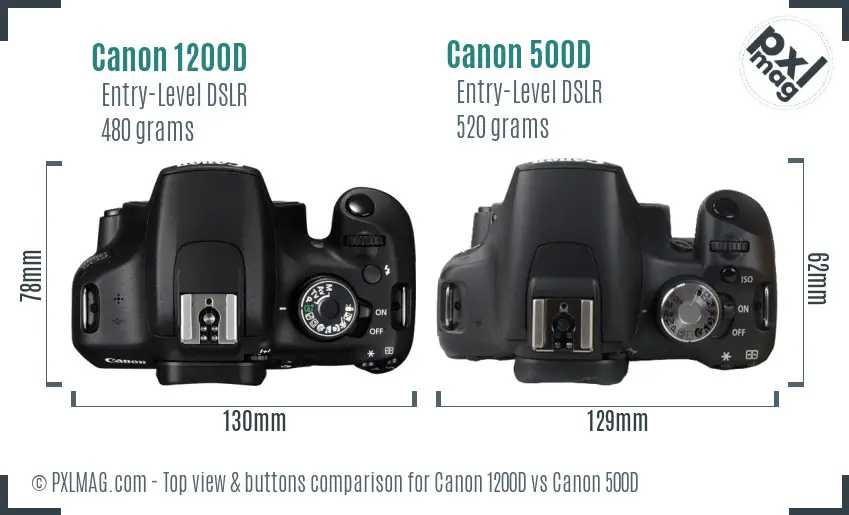 Canon 1200D vs Canon 500D top view buttons comparison