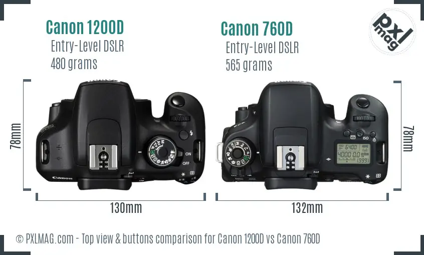 Canon 1200D vs Canon 760D top view buttons comparison