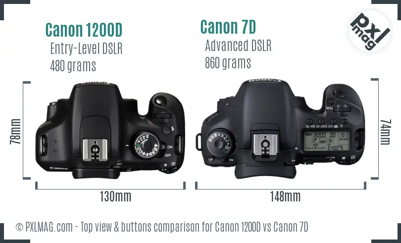 Canon 1200D vs Canon 7D top view buttons comparison