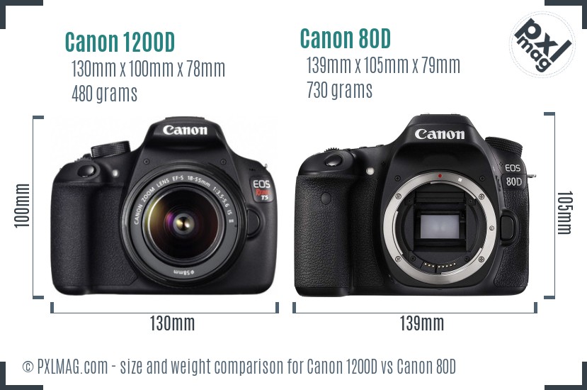 Canon 1200D vs Canon 80D size comparison