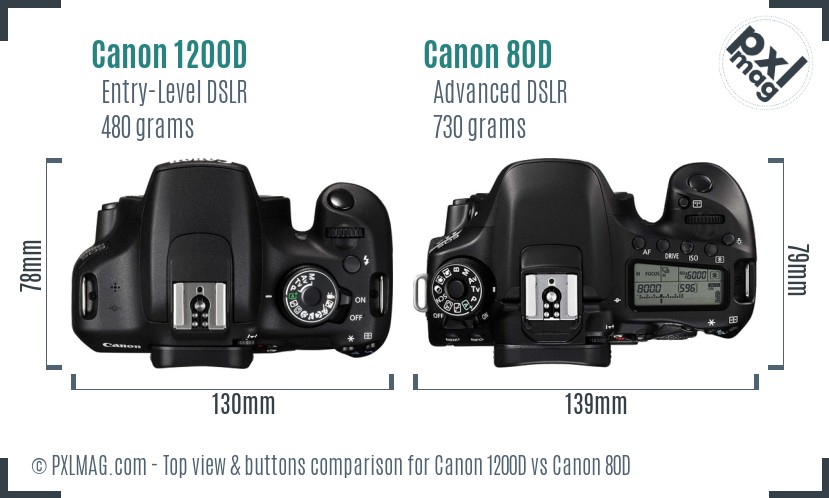 Canon 1200D vs Canon 80D top view buttons comparison