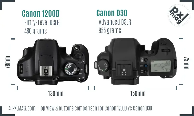 Canon 1200D vs Canon D30 top view buttons comparison