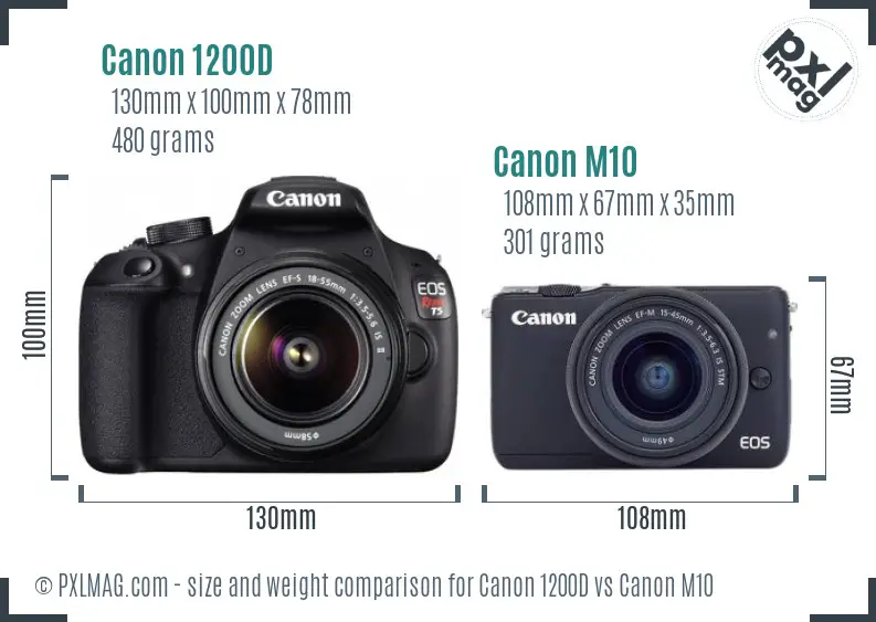 Canon 1200D vs Canon M10 size comparison