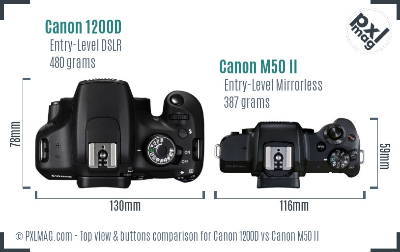 Canon 1200D vs Canon M50 II top view buttons comparison