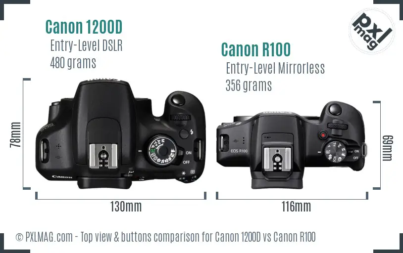 Canon 1200D vs Canon R100 top view buttons comparison Canon 1200D vs Canon R100 top view buttons comparison