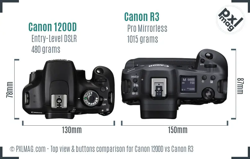 Canon 1200D vs Canon R3 top view buttons comparison