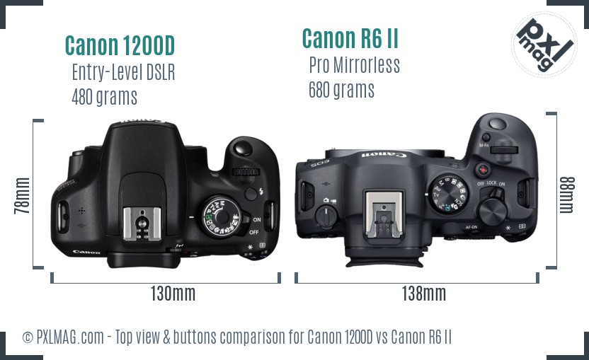 Canon 1200D vs Canon R6 II top view buttons comparison