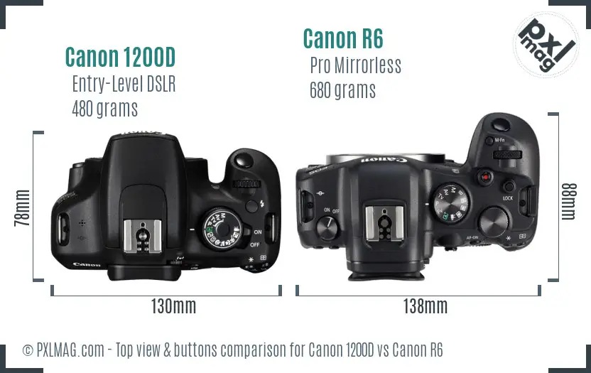 Canon 1200D vs Canon R6 top view buttons comparison Canon 1200D vs Canon R6 top view buttons comparison