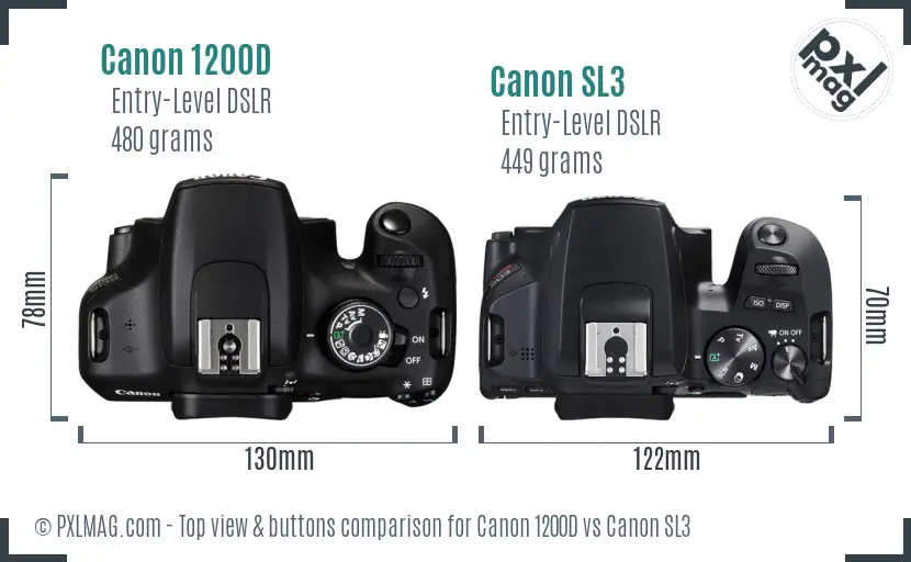 Canon 1200D vs Canon SL3 top view buttons comparison