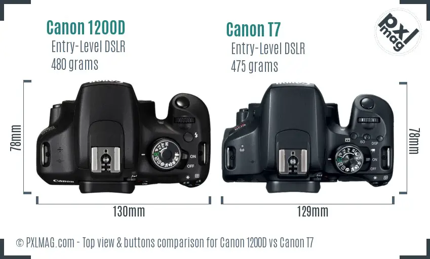 Canon 1200D vs Canon T7 top view buttons comparison