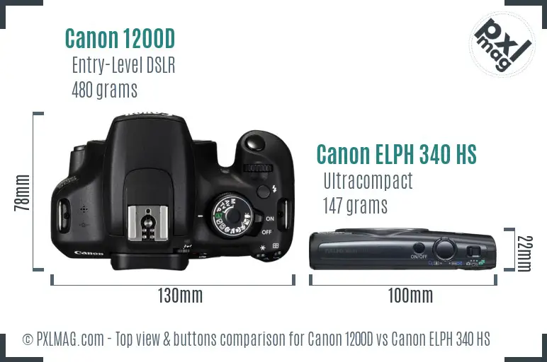 Canon 1200D vs Canon ELPH 340 HS top view buttons comparison Canon 1200D vs Canon ELPH 340 HS top view buttons comparison