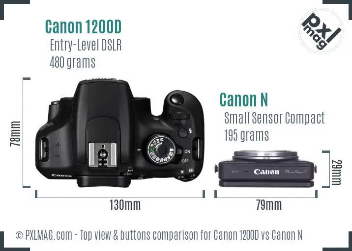 Canon 1200D vs Canon N top view buttons comparison