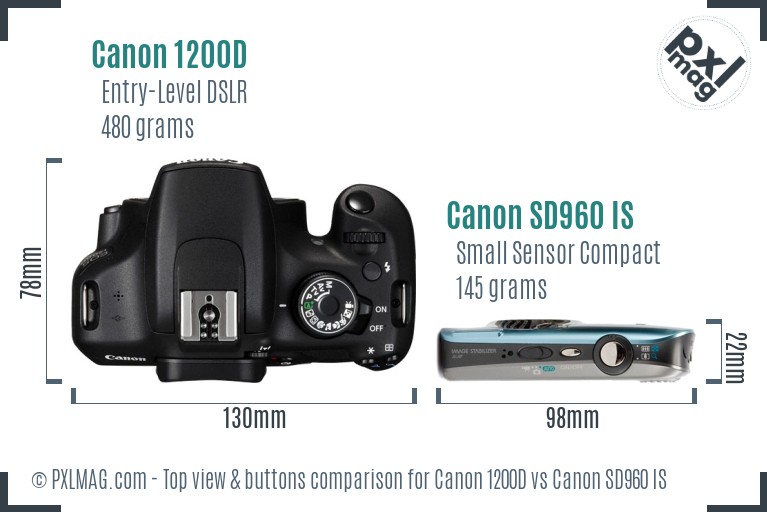 Canon 1200D vs Canon SD960 IS top view buttons comparison