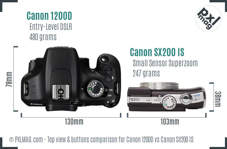 Canon 1200D vs Canon SX200 IS top view buttons comparison