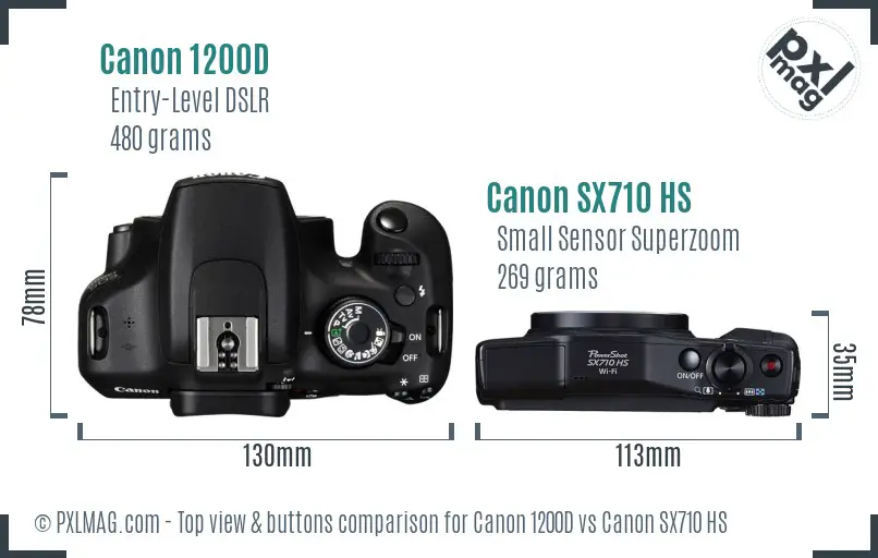 Canon 1200D vs Canon SX710 HS top view buttons comparison