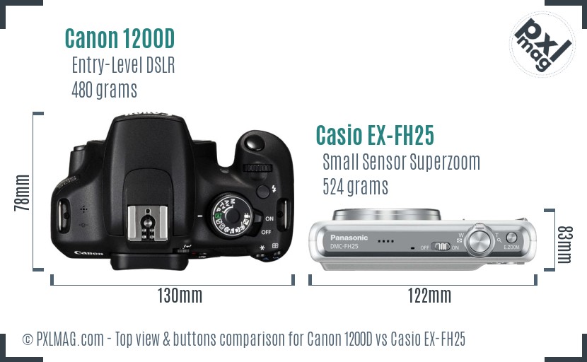 Canon 1200D vs Casio EX-FH25 top view buttons comparison