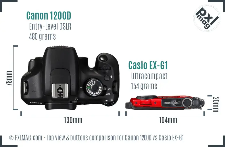 Canon 1200D vs Casio EX-G1 top view buttons comparison