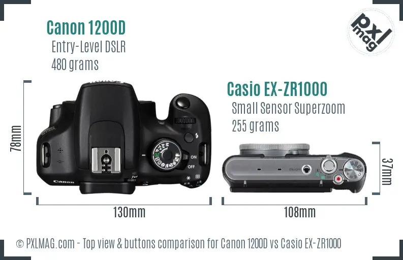 Canon 1200D vs Casio EX-ZR1000 top view buttons comparison