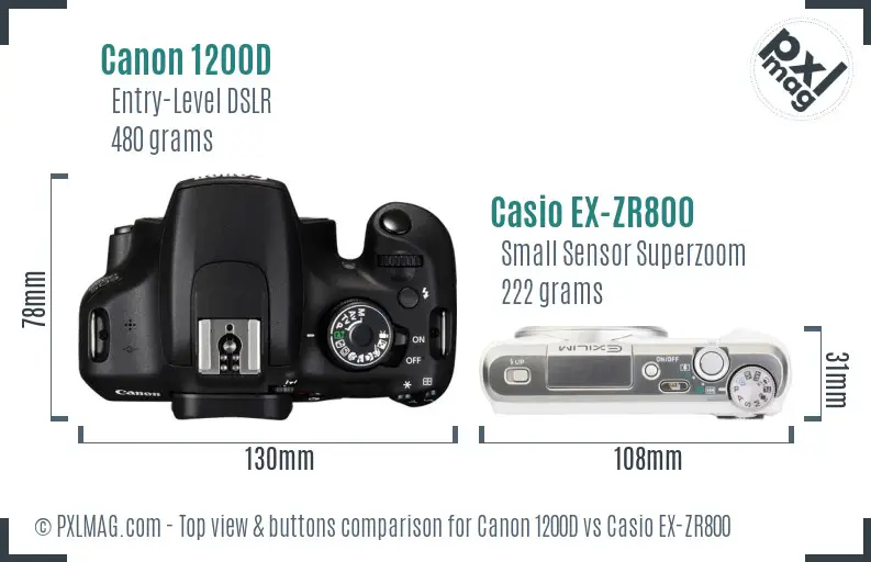 Canon 1200D vs Casio EX-ZR800 top view buttons comparison