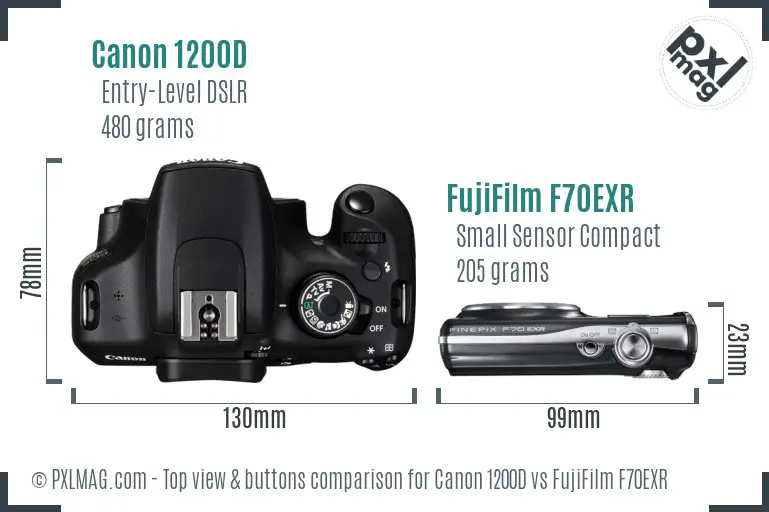 Canon 1200D vs FujiFilm F70EXR top view buttons comparison