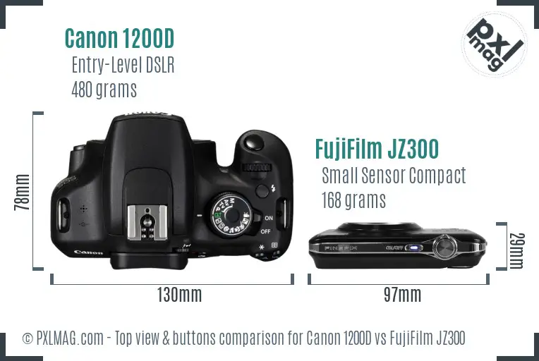 Canon 1200D vs FujiFilm JZ300 top view buttons comparison Canon 1200D vs FujiFilm JZ300 top view buttons comparison