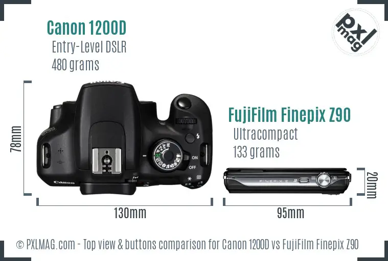 Canon 1200D vs FujiFilm Finepix Z90 top view buttons comparison