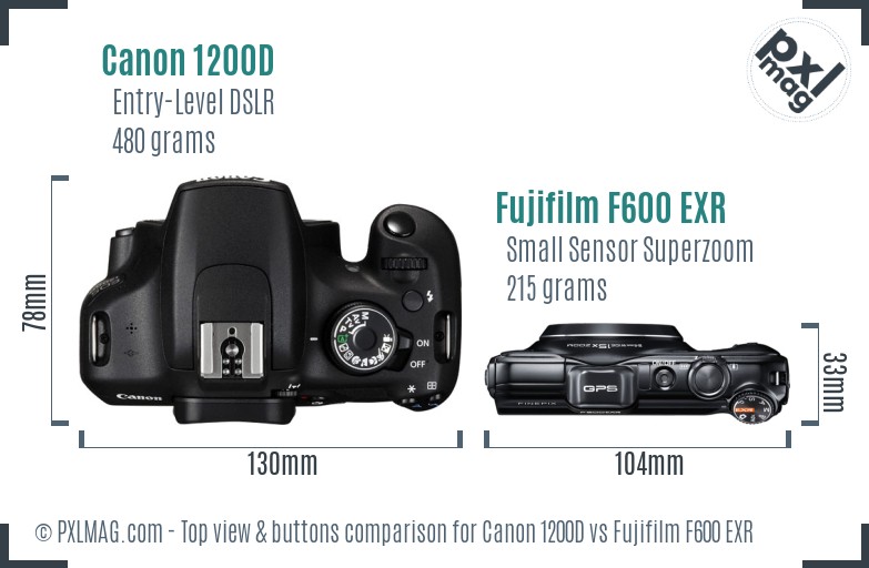 Canon 1200D vs Fujifilm F600 EXR top view buttons comparison