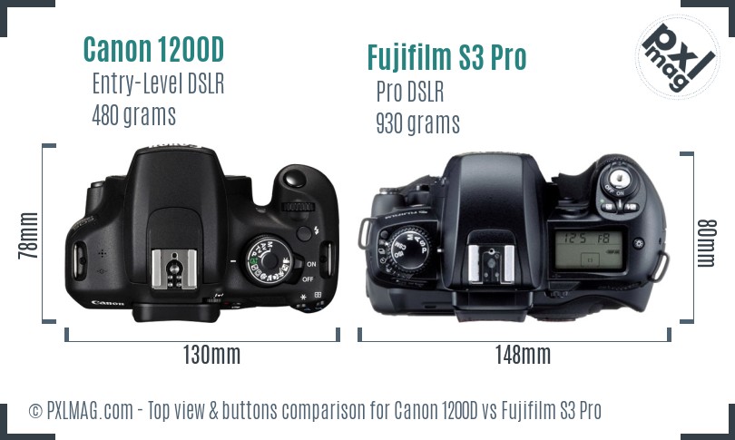 Canon 1200D vs Fujifilm S3 Pro top view buttons comparison