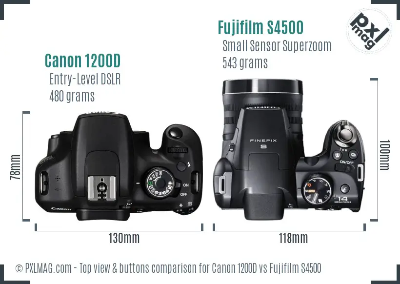 Canon 1200D vs Fujifilm S4500 top view buttons comparison