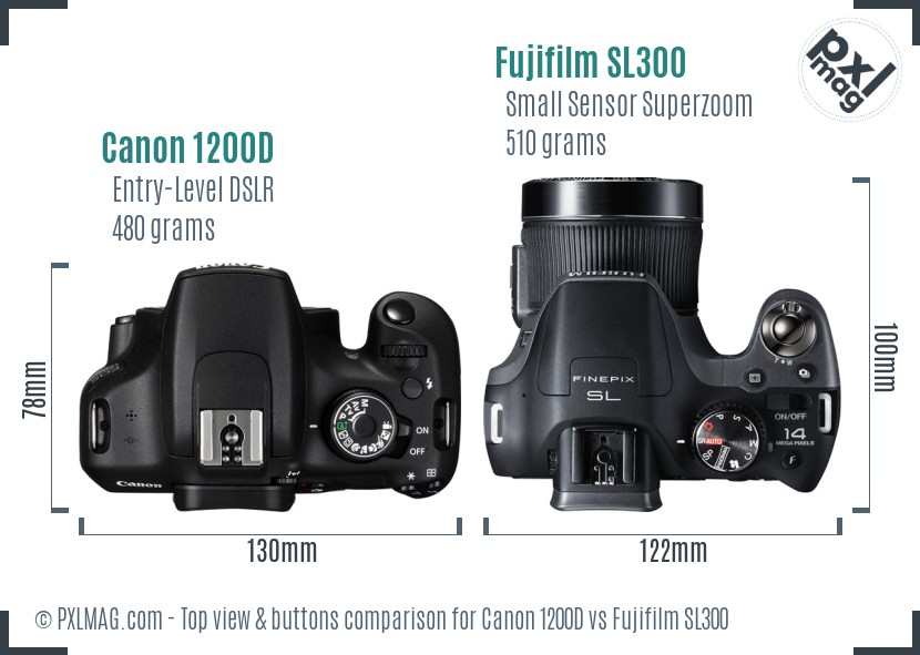 Canon 1200D vs Fujifilm SL300 top view buttons comparison
