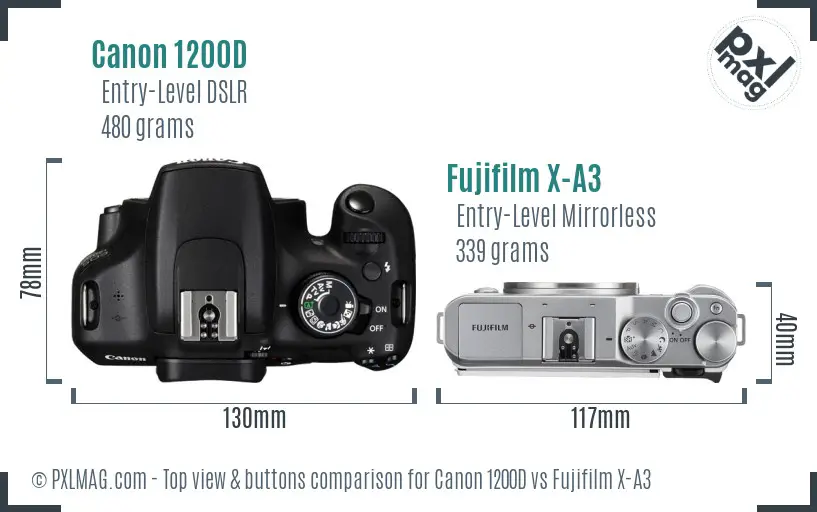 Canon 1200D vs Fujifilm X-A3 top view buttons comparison Canon 1200D vs Fujifilm X-A3 top view buttons comparison