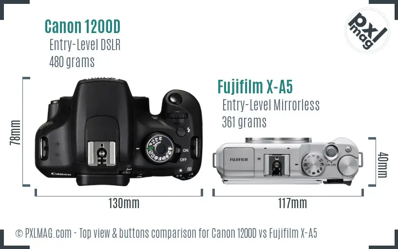 Canon 1200D vs Fujifilm X-A5 top view buttons comparison