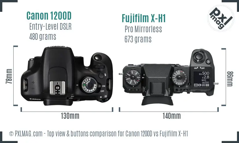 Canon 1200D vs Fujifilm X-H1 top view buttons comparison