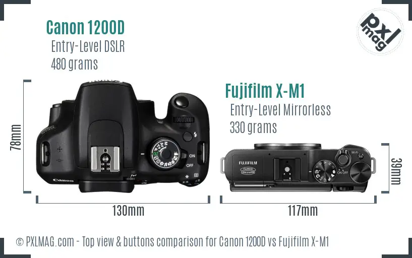 Canon 1200D vs Fujifilm X-M1 top view buttons comparison Canon 1200D vs Fujifilm X-M1 top view buttons comparison