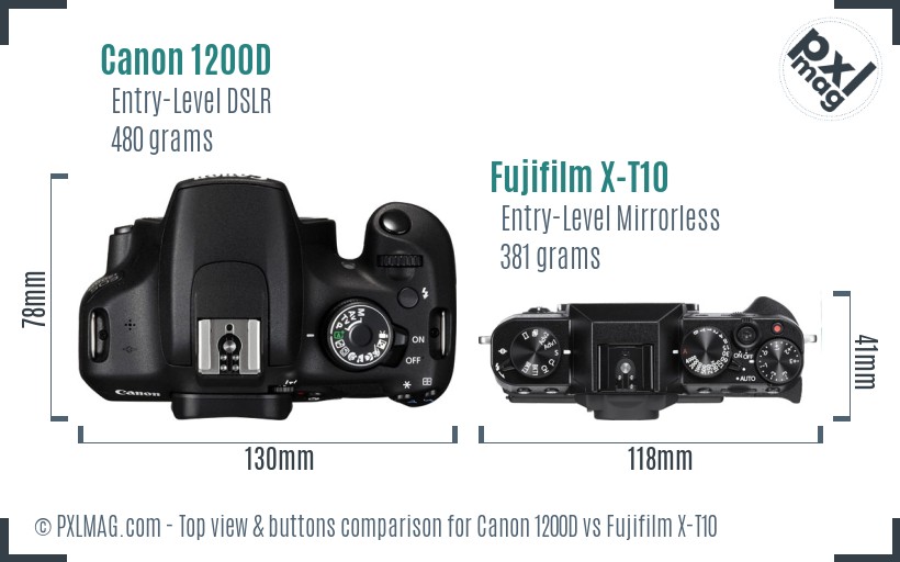 Canon 1200D vs Fujifilm X-T10 top view buttons comparison