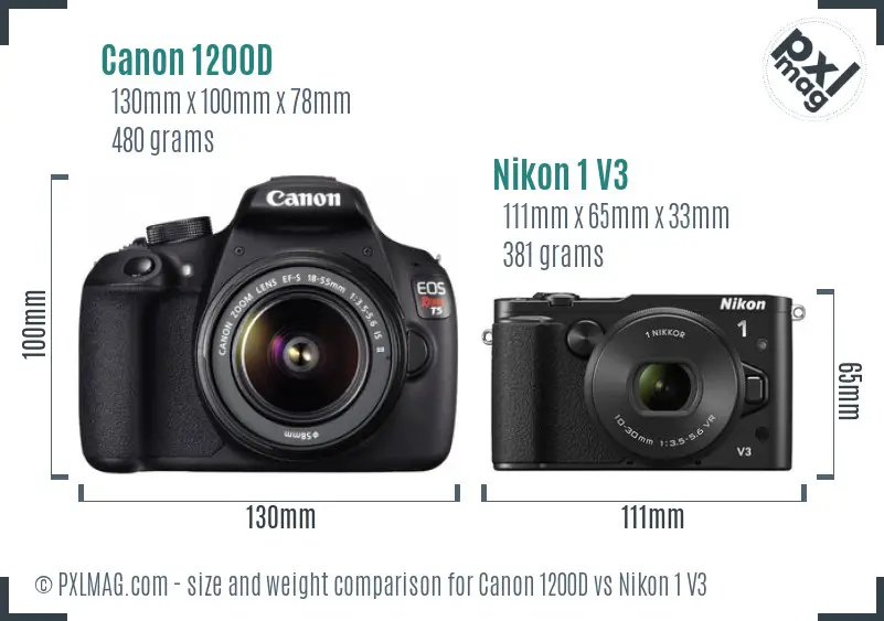 Canon 1200D vs Nikon 1 V3 size comparison