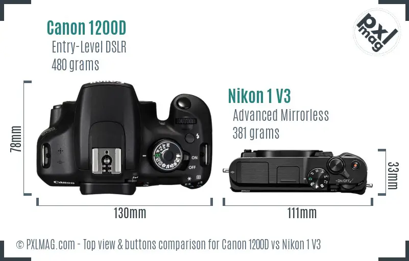 Canon 1200D vs Nikon 1 V3 top view buttons comparison