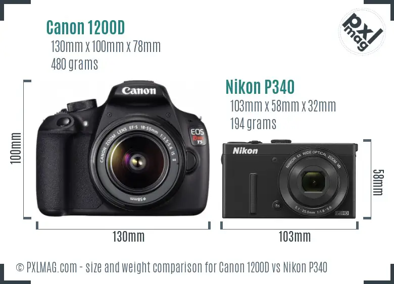 Canon 1200D vs Nikon P340 size comparison