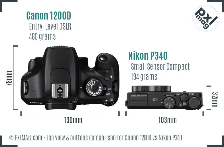 Canon 1200D vs Nikon P340 top view buttons comparison