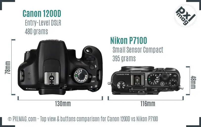 Canon 1200D vs Nikon P7100 top view buttons comparison