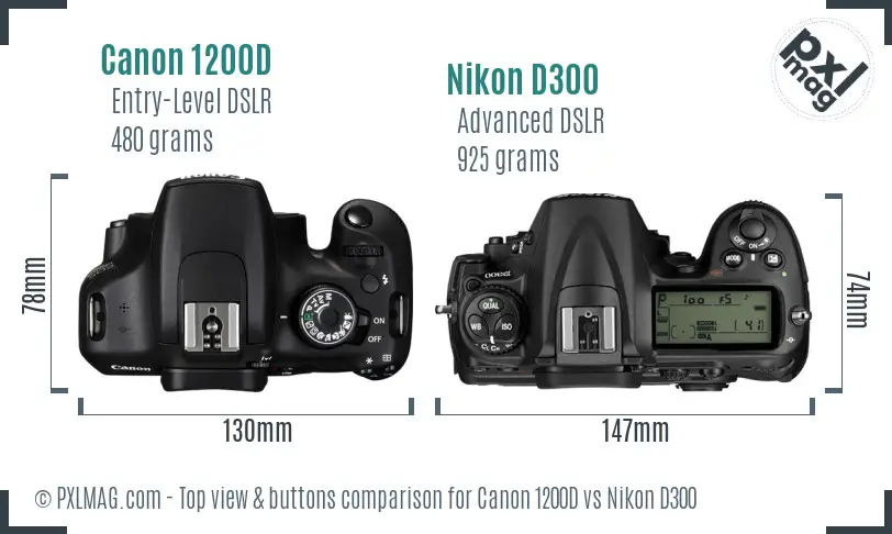 Canon 1200D vs Nikon D300 top view buttons comparison Canon 1200D vs Nikon D300 top view buttons comparison