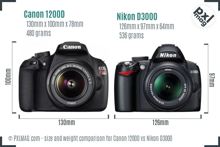 Canon 1200D vs Nikon D3000 size comparison