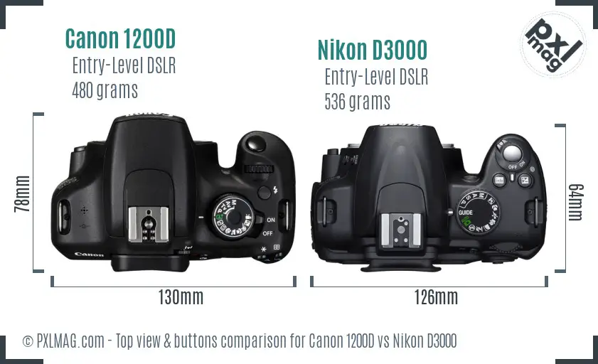 Canon 1200D vs Nikon D3000 top view buttons comparison