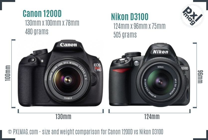 Canon 1200D vs Nikon D3100 size comparison