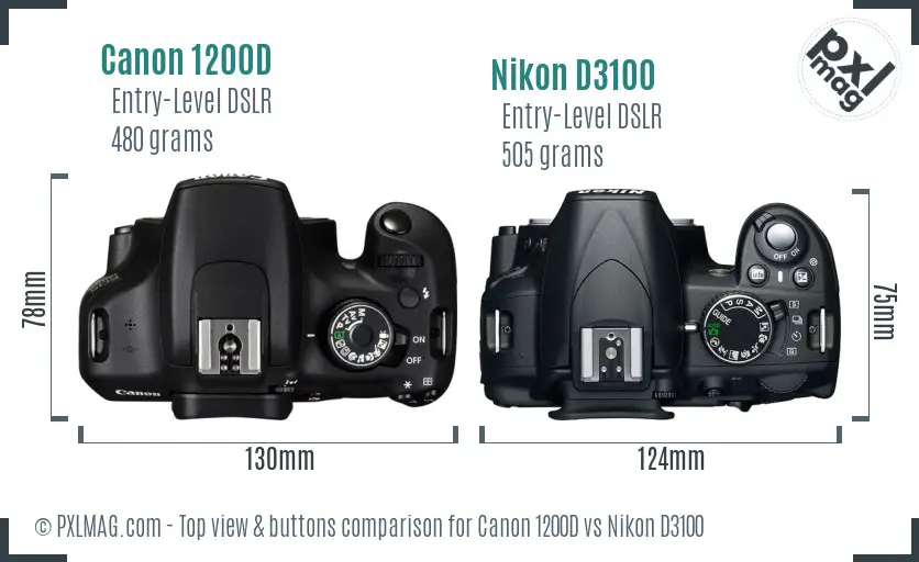 Canon 1200D vs Nikon D3100 top view buttons comparison