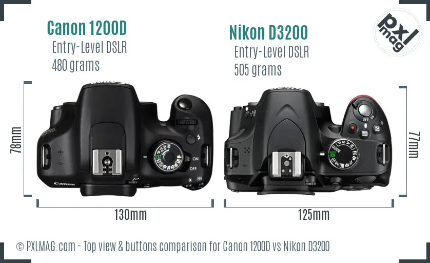 Canon 1200D vs Nikon D3200 top view buttons comparison