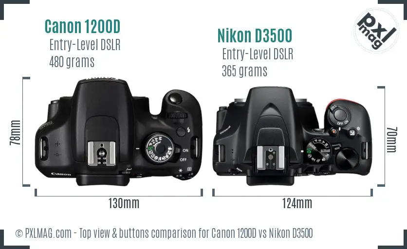 Canon 1200D vs Nikon D3500 top view buttons comparison