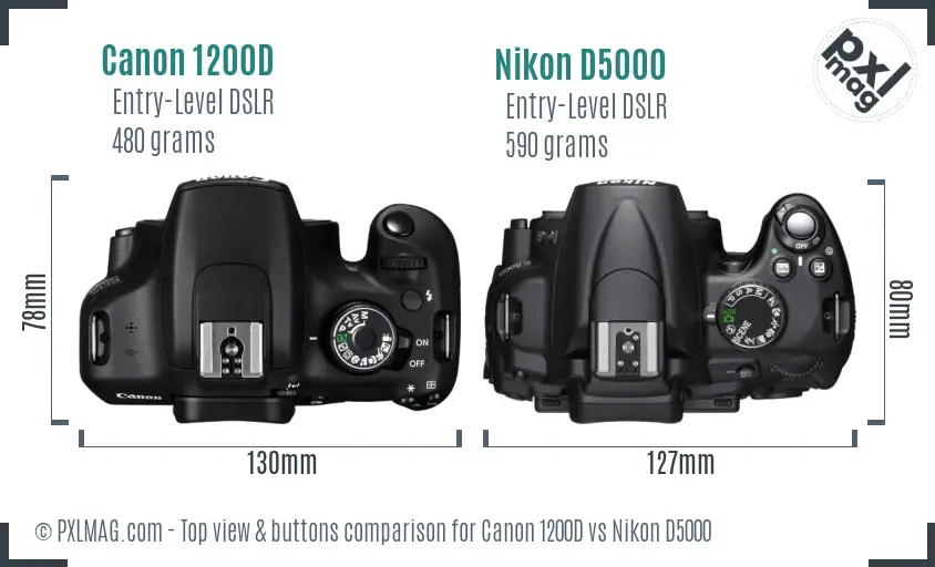 Canon 1200D vs Nikon D5000 top view buttons comparison
